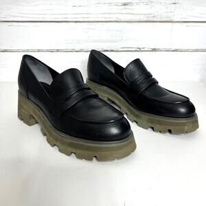 Chunky Black Leather Penny Loafers with Lug Sole